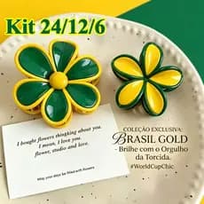 Kit Presilha De Cabelo Flor com Garra Copa Do Mundo Feminina Bandeira do Brasil Verde E Amarela- 8CM