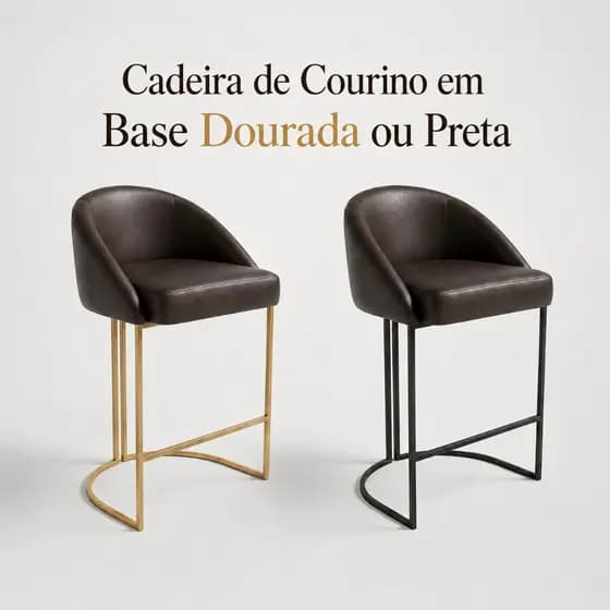 Cadeira Courino Poltrona Área Gourmet Bancada Elegante Base 70cm Dourado e Preto