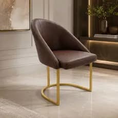 Cadeira Poltrona Lua Courino Elegante Mesa Jantar Base de Metal Dourado
