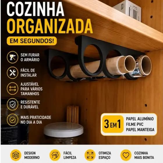 Suporte Organizador de Rolos Ajustável Cozinha Sem Furo Papel Alumínio Filme PVC Papel Manteiga