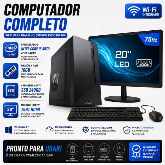 COMPUTADOR COMPLETO OFFICE INTEL CORE I5 4570 4ª GERAÇÃO 16GB RAM SSD 240GB MONITOR 20'' 75HZ HDMI WINDOWS 11