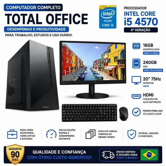 Computador Completo Total Office Intel Core I5 4570 4ª Geração 16gb Ram 240gb Ssd Monitor 20 75hz Hdmi