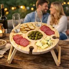 Petisqueira de Madeira com 5 Divisórias Tábua de Frios para Queijos Aperitivos com Suporte para Taças