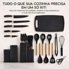 Kit 19 Peças Utensílios de Cozinha Silicone Cabo de Madeira Jogo Completo Antiaderente