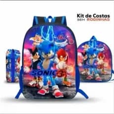 Kit Mochila de Costa ou Rodinha Escolar Sonic Lancheira Estojo
