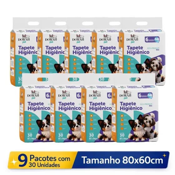 9x Tapete Higiênico Grande 80x60cm 30un Dorah - Pensando no bem-estar do seu Pet