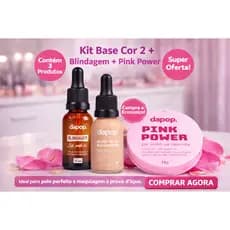 DAPOP  BASE + BLINDAGEM + PÓ ROSA MOSQUETA PINK POWER PELE BLINDADA BASE FLUIDA PÓ ULTRAFINO MAQUIAGEM VEGANA