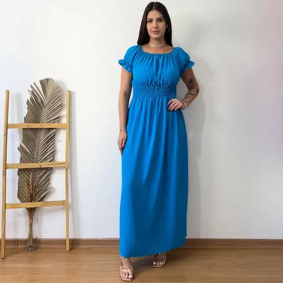 Vestido Longo Evangelico Manga Curta Elastico na Cintura Modeladora Rodado
