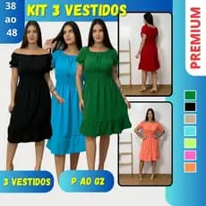 Kit 3 Vestidos Midi Evangélico Feminino Plus Size Duas Marias Rodado Manga Curta Várias Cores