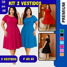 Kit 2 Vestido Midi Evangélico Plus Size Feminino Manga Curta Rodado Duas Maria Lastex