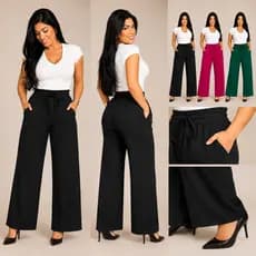 Calça Feminina Pantalona Duna Com Bolso Elástico Na Cintura Cintura Alta