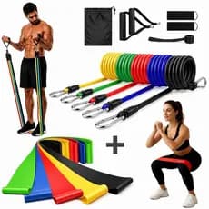 Kit 16 Itens Treino Em Casa Completo Elásticos Extensores + 5 Mini Bands Fitness Musculação Exercícios Yoga Fisioterapia