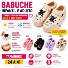 Babuche Infantil e Adulto com Forro Removível Inverno Verão Confortável com Aplique
