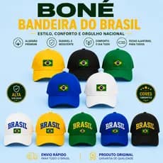 Boné Brasil Bordado Premium Unissex Ajustável Verde Azul Amarelo Branco e Preto