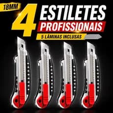 KIT Estilete Profissional 18mm Com 5 Lâminas Reforçado Emborrachado Retrátil Trava Segurança