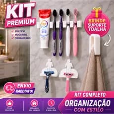 Kit Organizador de Banheiro Porta Escovas Pasta de Dente e Suporte para Gilete + Suporte de Toalha