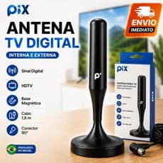 Antena TV Digital Interna Externa HDTV Base Magnética Cabo 1,8m Full HD VHF UHF FM Cabo Conector 90°