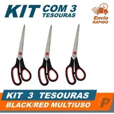 Kit 3 Tesouras Multiuso 19,5cm Afiada Corta Papel Tecido Plástico EVA Escolar Escritório Cozinha