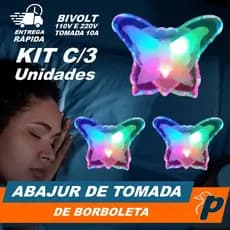 Kit 3 Abajures de Tomada Borboleta Bivolt Luz Noturna LED Decorativo Quarto Infantil