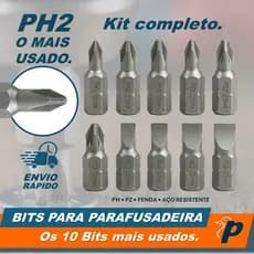 Jogo de Bits 22mm para Parafusadeira Kit 10 Peças PH PZ Fenda Aço Resistente PRO