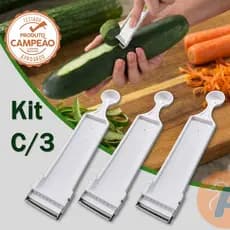 Kit 3 Descascadores de Legumes Inox 2 em 1 com Boleador – Profissional para Batata, Cenoura e Frutas