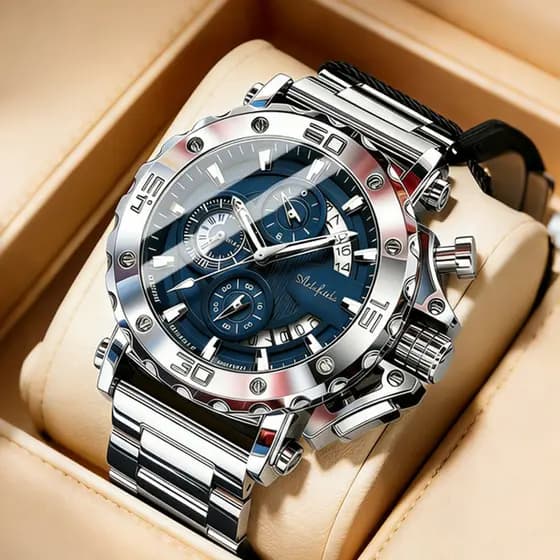 Relógio Masculino Quartzo Pulseira Aço, Mostrador Seis Ponteiros Multifuncional Luminoso e Resistente à Água