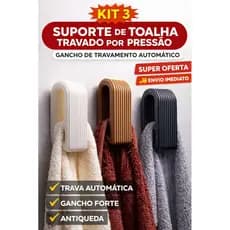 Kit 3 Suporte de Toalha Travado por Pressão | Gancho Automático Anti Queda | Porta Toalha 3D Resistente