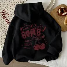 Moletom Cherry Bomb Feminino Com Capuz Streetwear Estampado Casual Blusa de Frio Moda Urbana Adulto