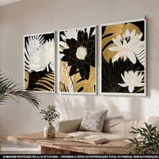 Kit Quadros Lotus Gold Elegante Decoração Moderna Para Sala