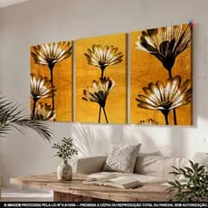 Kit 3 Quadros Flores Margaridas Gold Elegante Decoração Sala Quarto