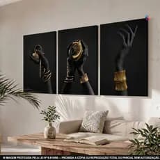 Kit 3 Quadros Decorativos Africanas Luxo Preto e Dourado Sala Moderna Quadro Mãos Africanas Arte Elegante Premium Decora