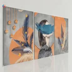 Kit Quadros Decorativos Mulher Abstrata Pincel Azul Luxo Penas Boho Moderno Sala Quarto 3 Peças