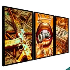 Kit Quadros Placas Decorativos Escritório Dinheiro Luxo Ouro