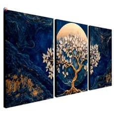 Kit 3 Quadro Decorativo Sala Arvore Da Vida Gold Blue Luxo 122x60 4k sala quarto hall