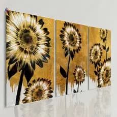 Kit 3 Quadros Decorativos Girassol Dourado Luxo Sala Quarto Moderno Canvas Gold Parede Moldura Premium decoração elegant