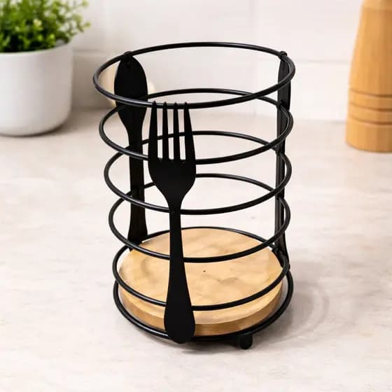 Suporte para Talheres Ecowood 16cm | Porta Talheres Aramado com Base em Madeira