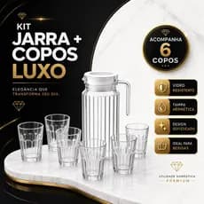 Jarra de Vidro 1L + 6 Copos Luxo Premium Tampa Hermética Vidro Resistente Elegante Água Suco Bebidas