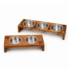 Comedouro Elevado para Cães e Gatos com 2 ou 3 Potes de Inox e Suporte de Madeira