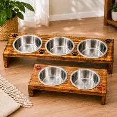 Comedouro Elevado para Cães e Gatos com 2 ou 3 Potes de Inox Suporte de Madeira para Ração e Água