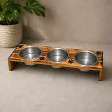 Comedouro Triplo e Duplo Madeira Pinus para Gato e Cães Pequeno Porte - 3 e 2 Potes Agua e Ração