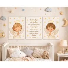 Kit 3 Quadros Decorativos Anjinho Santo Anjo Infantil Quarto Bebê