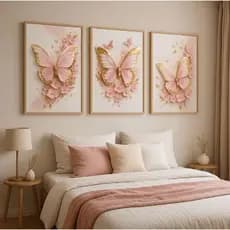 Trio Quadros Decorativos Borboletas Tons Rosa E Dourado Flores Sofisticadas Decoração Quarto Sala