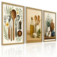 Kit 3 Quadros Decorativos Utensílios Cozinha Gourmet Moderno Sala Jantar Parede Exclusivo Grande Hall Sala