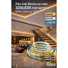 Fita Led Cob Direto na Rede 320led/m 110v/220v Direta Energia 10m 6000k, 3000k, 4000k