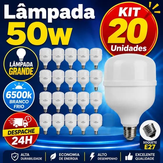 20 Unidades Lâmpadas Alta Potencia 50w 6500K Super Bulbo Forte Luz Branca 110v/220v Bivolt Potente Grande Galpão