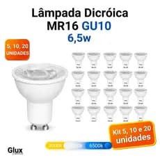 Kit 5, 10 ou 20 Lâmpadas Led Dicróica MR16 6,5W GU10 Bivolt 6.5W - Escolha 3000k 4000k ou 6000k Pode Usar em Spots