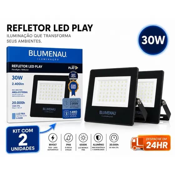 2 Refletores LED 30W Blumenau Alumínio Bivolt IP66 6500K 3000K Externo Prova D'Água AltaPotência Fachada Jardim Garagem