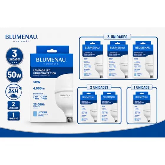 Kit 3 /2 /1 Lampadas Led 50w Alta Potencia Bivolt 6500k Branco Frio Blumenau Iluminação Galpão Super Bulbo Grande Forte