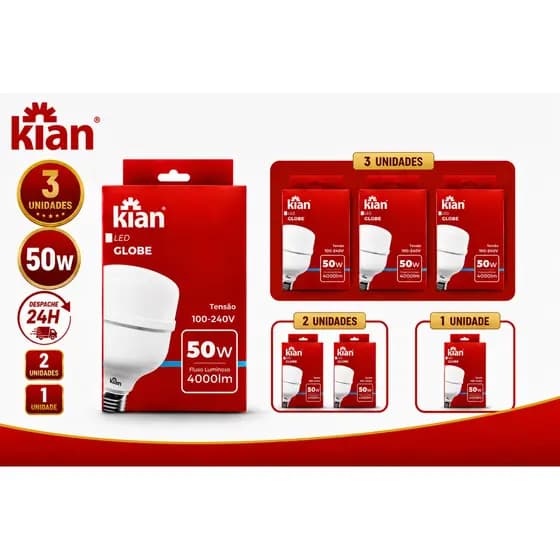 Kit 3 / 2 / 1 Lampadas Led 50w Alta Potencia Kian Iluminação Bivolt 6500k Branco Frio Galpão Super Bulbo Grande Forte
