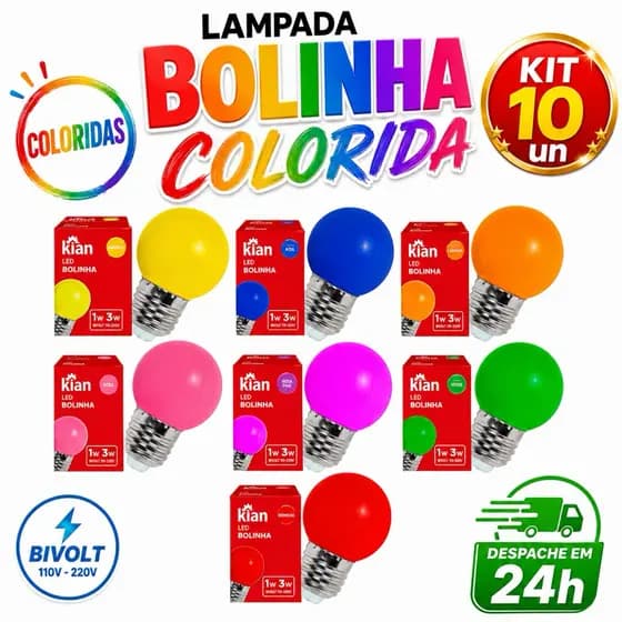 KIT 10 Lâmpadas Bolinha G45 1w/3w Led Mini Bulbo Colorida Decoração Abajur Varal Cordão Bivolt